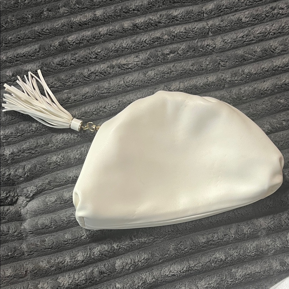 White Ivory Understated Leather Clutch with Tassel